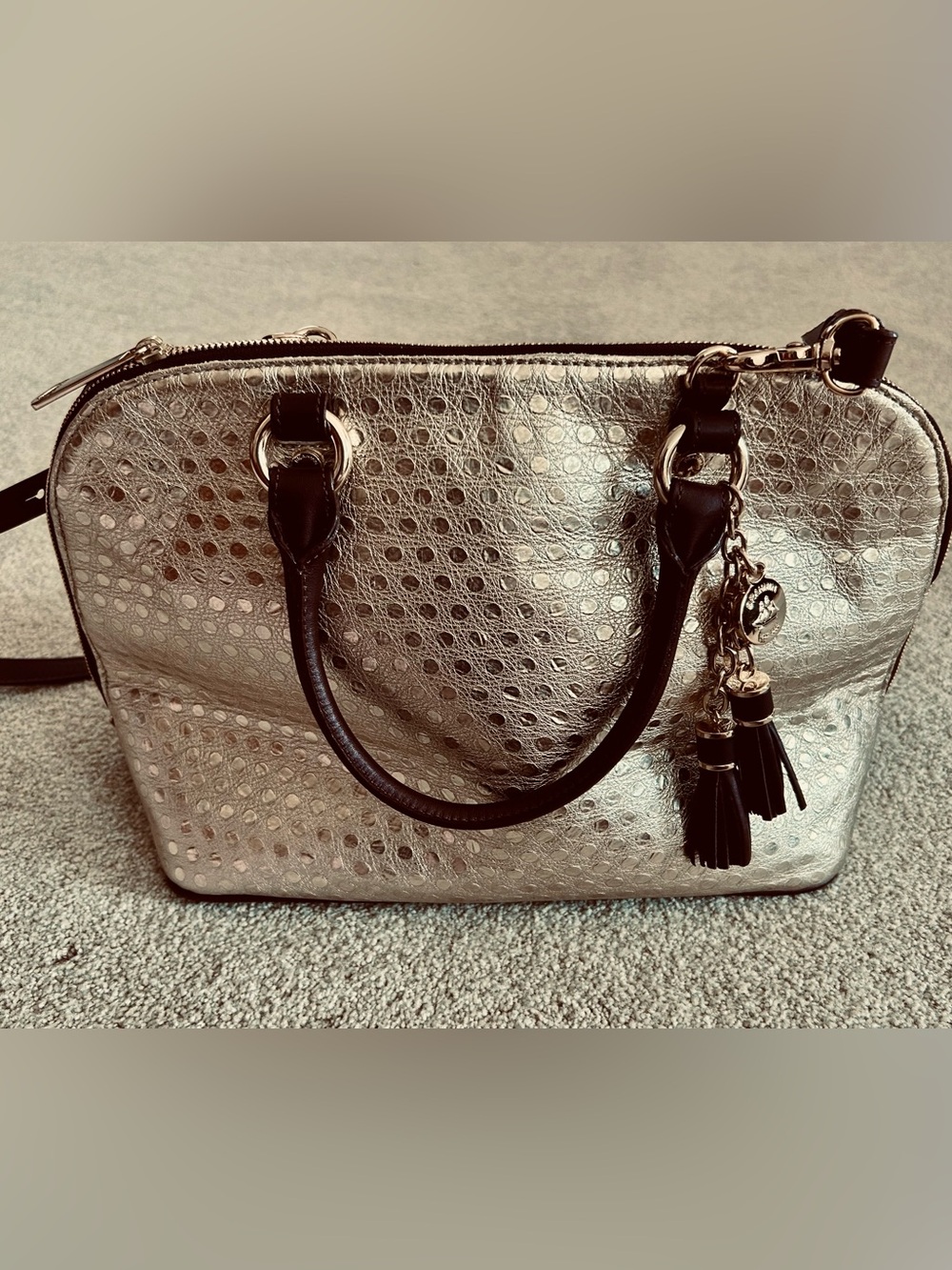 Designer inspired NWOT metallic Dome Satchel  handbag with Tassel Charm.